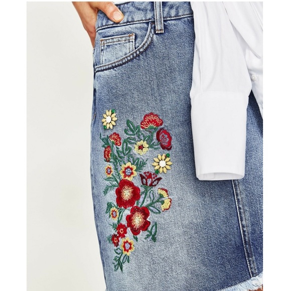 Zara Basic Z1975 Denim Bejeweled Asymmetrical Embroidered Boho Skirt. - Picture 6 of 14